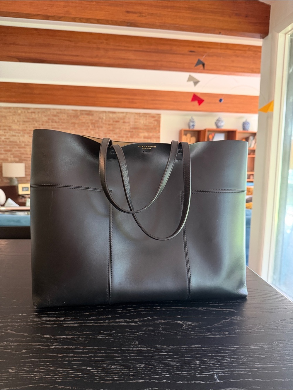 Tory Burch Black Leather Block T Large Tote Bag EUC